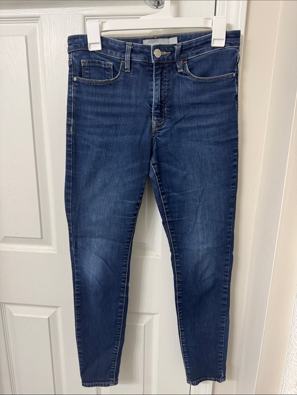 Athleta Dark Indigo Denim Jeans with Gold Stitching